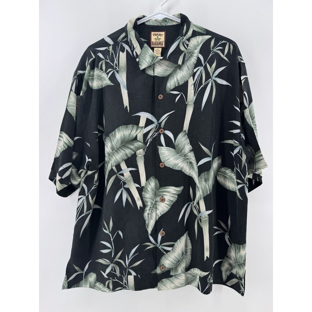 Tommy Bahama Button Down Shirt Mens Medium Black Silk Tropical Bamboo Leaf Print